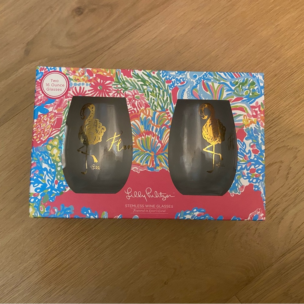 Lilly Pulitzer set of 2Glass Stemless Wine glasses "Flamingle" Lover's Coral NWT